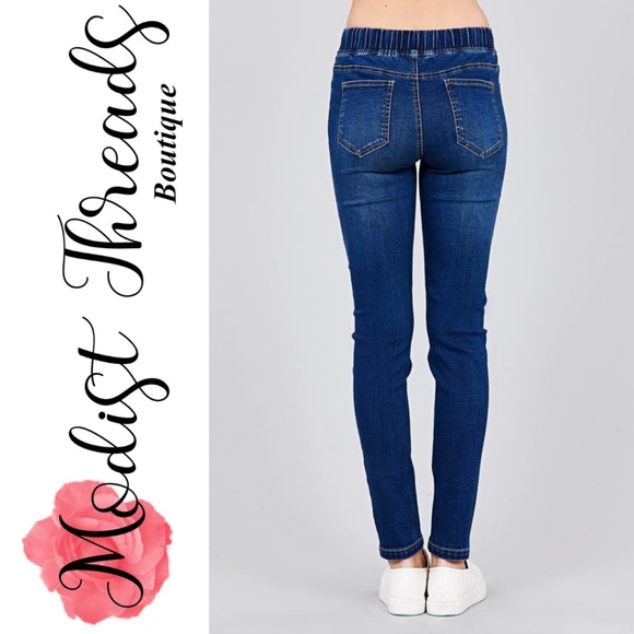 Drawstring Waist Dark Blue Denim Skinny Pants - Picture 4 of 4